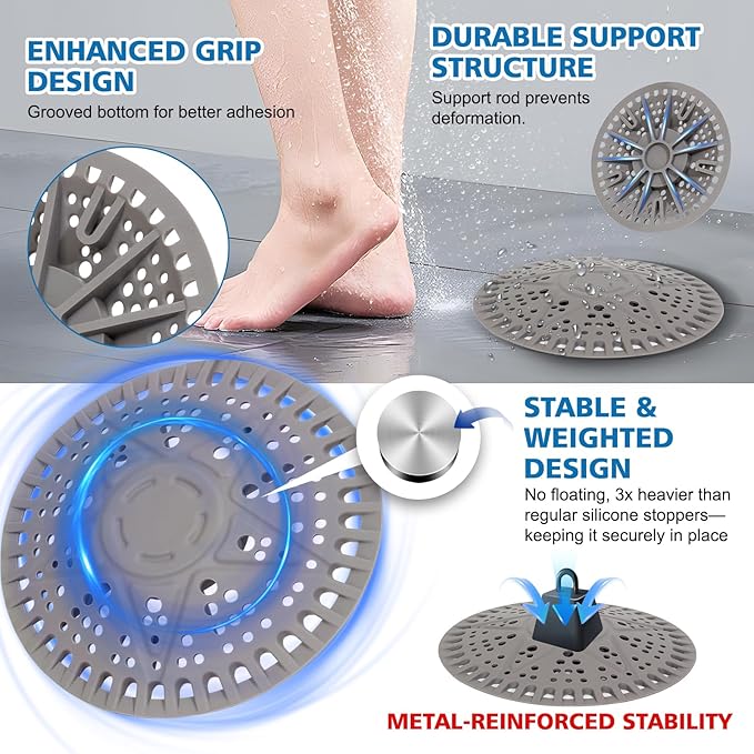 ZOOY Shower Drain Hair Catcher, 2 Pack 5.5 Inch Silicone Drain Cover (New Grey)