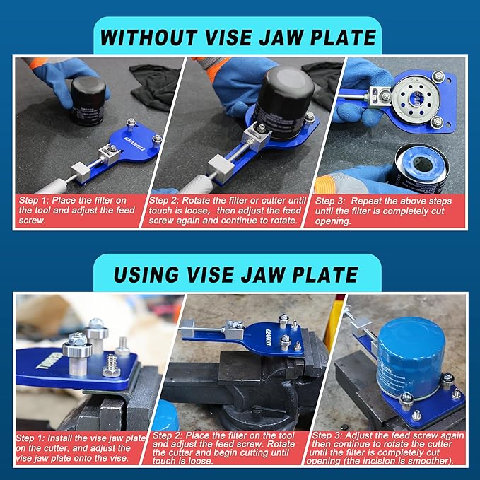 77750 Oil Filter Cutter Tool with Vise Jaw Plate, Oil Filter Cutter Cutting Tool for Filter Cutting Range 2-3/8" to 5" (Blue)