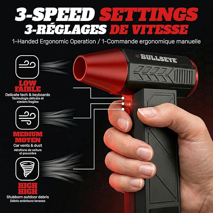 BULLSEYE Blaster 130000 RPM Electric Air Duster, Rechargeable Cordless Compressed Air Blower for Computer Cleaning, Keyboard, Electronics, Car Detailing, 3 Speed Turbo, 2 Nozzles – As Seen on TV