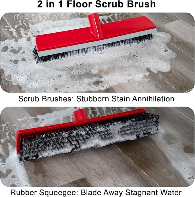 15.7 Inch Floor Scrub Brush Removable Stainless Steel Handle 2 in 1 Scrape Brush Stiff Bristle Shower Scrubber for Cleaning Patio Bathroom Garage Kitchen Wall Deck Tub Tile 52.4 inch Tall