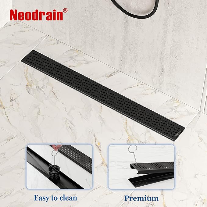 Neodrain 24-Inch Black Linear Shower Drain with Removable Quadrato Pattern Grate, 304 Stainless Steel Rectangle Shower Floor Drain, Linear Drain with Leveling Feet, Hair Strainer, Matte Black