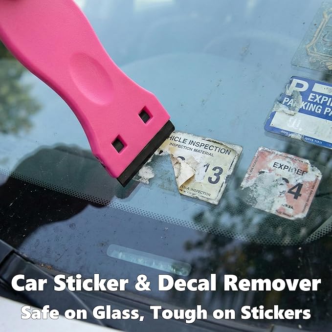 2-Pack Plastic Razor Scraper Tool with 8 Double-Edged Blades - Scratch-Free Sticker & Decal Remover for Car Windshield, Glass, Kitchen Cooktop, Label & Glue Residue - Safe Ergonomic Cleaning Gadget