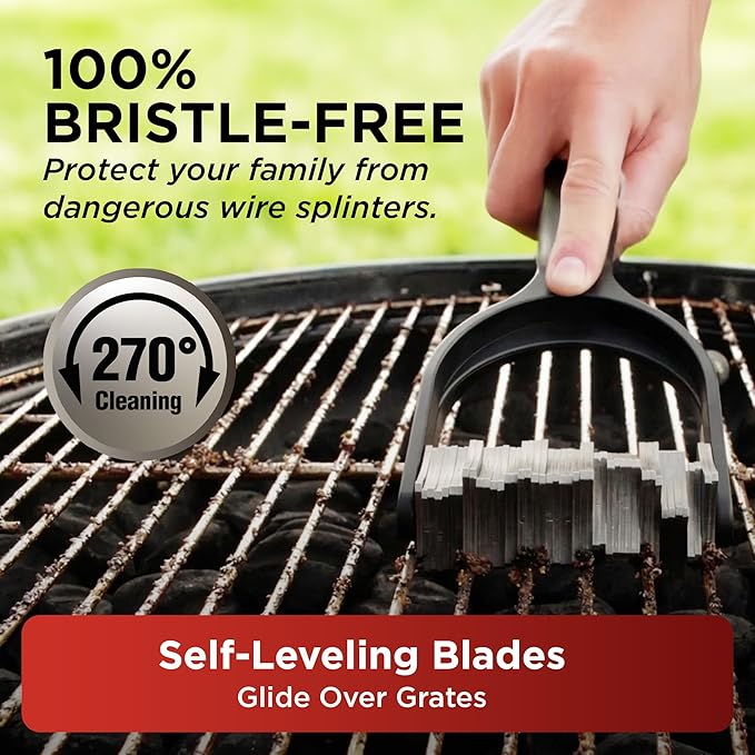 Slingshot Grill Cleaner- Bristle-Free BBQ Tool for Outdoor Grates, Heavy Duty Grill Scrubber, Stainless Steel Blades, Cold Grill Cleaning Accessory for Grilling Maintenance