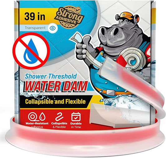Shower Threshold Water Dam Barrier 39" - Transparent Collapsible Walk in Shower Water Guard - Door Bottom Seal Strip Leak Guard by Hippo Dam