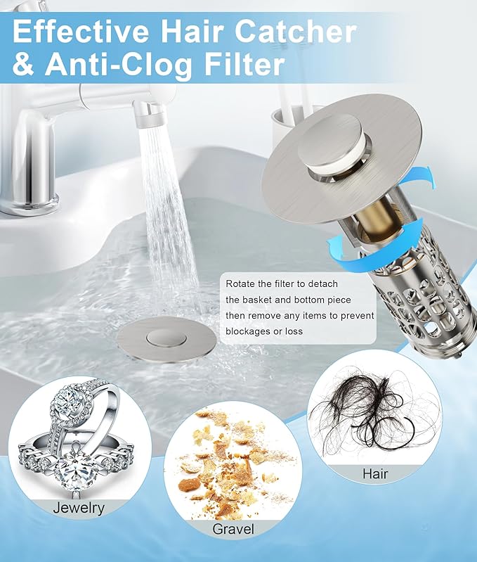 Upgraded Bathroom Sink Stopper with Hair Catcher - Universal Pop-Up Drain Plug, Stainless Steel & Silicone Seal for 1.1-1.5 Inch Drains,Brushed Nickel Finish (Brushed Nickel)