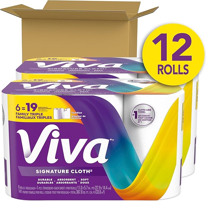 Viva Signature Cloth Paper Towels, Task Size, 12 Family Triple Rolls, 141 Sheets per Roll (Packaging May Vary)