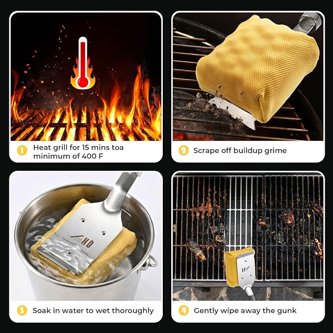 Bristle Free Steam Cleaning Grill Brush,1 Replaceable Head for Any Grate Type - 17” Long Handle w/One-Fit-All Scraper - BBQ Accessories Cleaner for Outdoor Grill - Gifts for Men/Dad