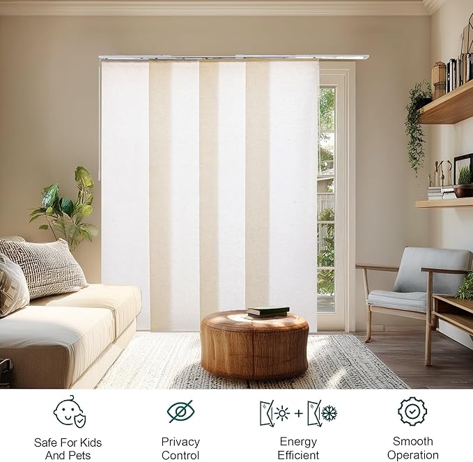 CHICOLOGY Panel Track Blinds for Sliding Glass Door & Patio Door, Embossed Textured Weave Fabric Room Divider, Country Ivory Light Filtering, 4 x 23 Panels, Adjustable Track 46-86", Trim H to 96"