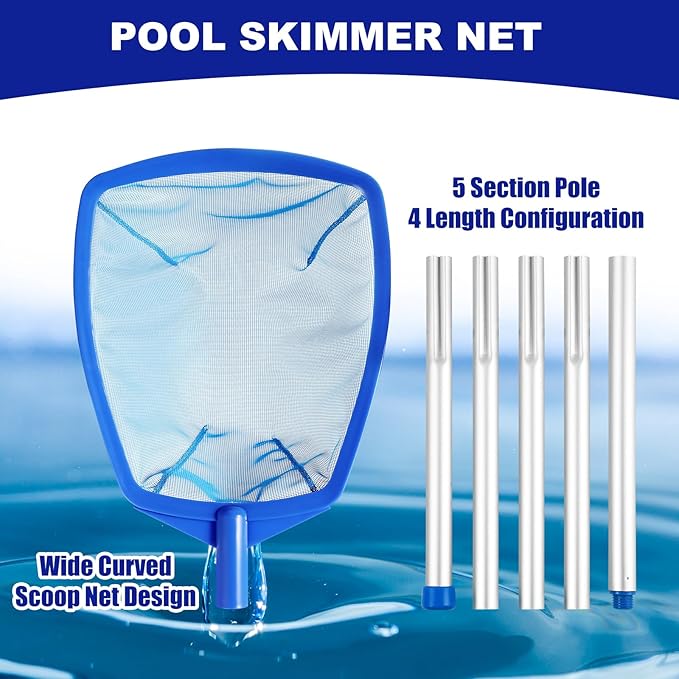 Pool Skimmer - Pool Skimmer Net with 5 Section Adjustable Telescopic Aluminum Pole, 23''- 60'', Pool Net Skimmer Rake with Ultra Fine Mesh , Pool Leaf Skimmer for Swimming Pools, Spas, Hot Tubs