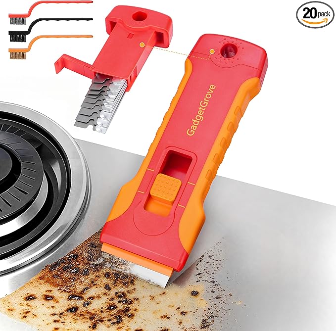 Razor Blade Scraper with 10pcs Blades and 3Pcs wire brushes,Scraper Tool for Cleaning Glass Window, Cooktop, Oven, Stove, Scraper with Buit-In Blade Storage, Upgraded Lock Mechanism, Orange