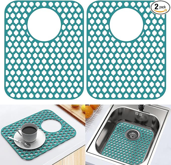 2 Pack Silicone Sink Protector for Kitchen Sink Bathroom, 13.58" x 11.6" Heat-resistant Sink Mat Non-Slip and Durable Silicone Protectors, Rear Drain, Green