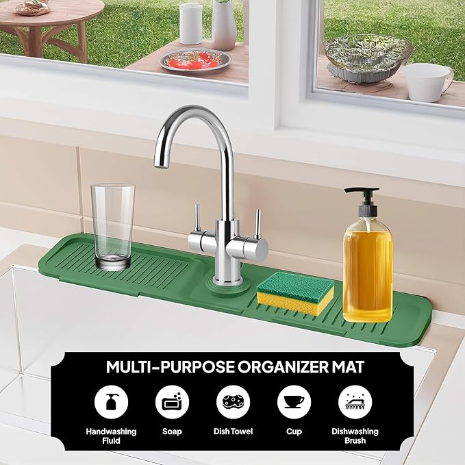 24 Inch Silicone Faucet Mat for Kitchen Sink Splash Guard & Draining Tray Sink Protector with Soap & Sponge Holder Green (Purest Peak)