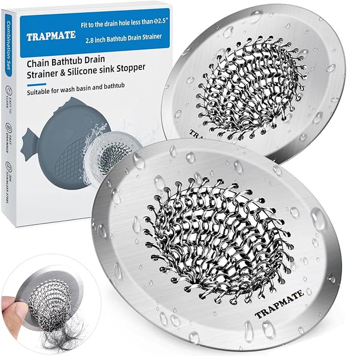 TRAPMATE Bathtub Stopper Drain Strainer Kit, Easy Clean Tub Shower Drain Hair Catcher, Anti-Clog Stainless Steel Sink Cover, Drain Protector for Bathroom Sink & Wash Basin (Patented Product)