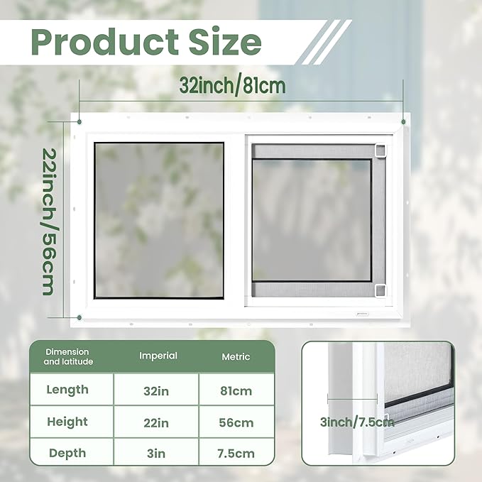 Vinyl Basement Window, 32" x 22" Bathroom Sliding Window with Double Pane Insulated Tempered Glass and Fiberglass Screen for Basement, Bathroom, Shed (White)