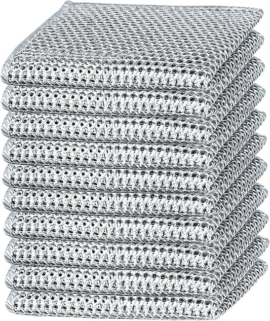 10-Pack Double-Layer Dry/Wet Dual-Use Metal Wire Non-Scratch Cloth Multi-Purpose Magic Cleaning Cloth Silver Wire Dish Cloth for Cookware, Tableware, Sink, Stove Cleaning, etc.(10PCS)