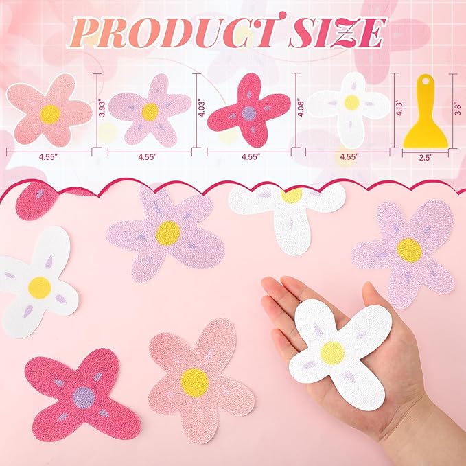 32 Pcs Cute Non Slip Bathtub Stickers for Shower Colorful Bathroom Anti Slip Shower Stickers Floor Applique Adhesive Decals with Scraper for Bathtub Bathroom Floor Pools (Flower)