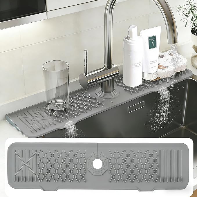 EBIGIC 24 Inch Silicone Faucet Mat for Kitchen Sink, 7° Slope Fast Self-Draining Sink Splash Guard, Kitchen Sink Water Catcher Organizer, Kitchen Sink Accessories (Gray, 24''x5.6'')