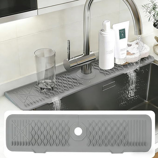 EBIGIC 24 Inch Silicone Faucet Mat for Kitchen Sink, 7° Slope Fast Self-Draining Sink Splash Guard, Kitchen Sink Water Catcher Organizer, Kitchen Sink Accessories (Gray, 24''x5.6'')