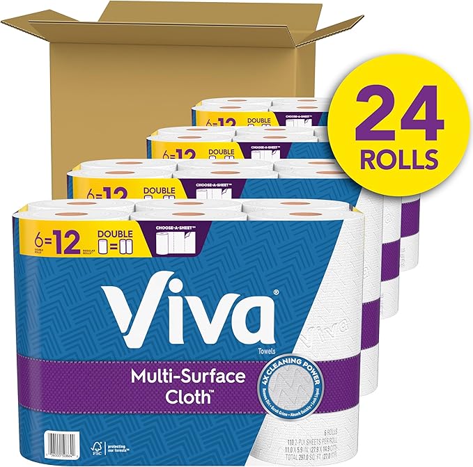 Viva Multi-Surface Cloth Paper Towels, 24 Double Rolls, 110 Sheets Per Roll (4 Packs of 6)