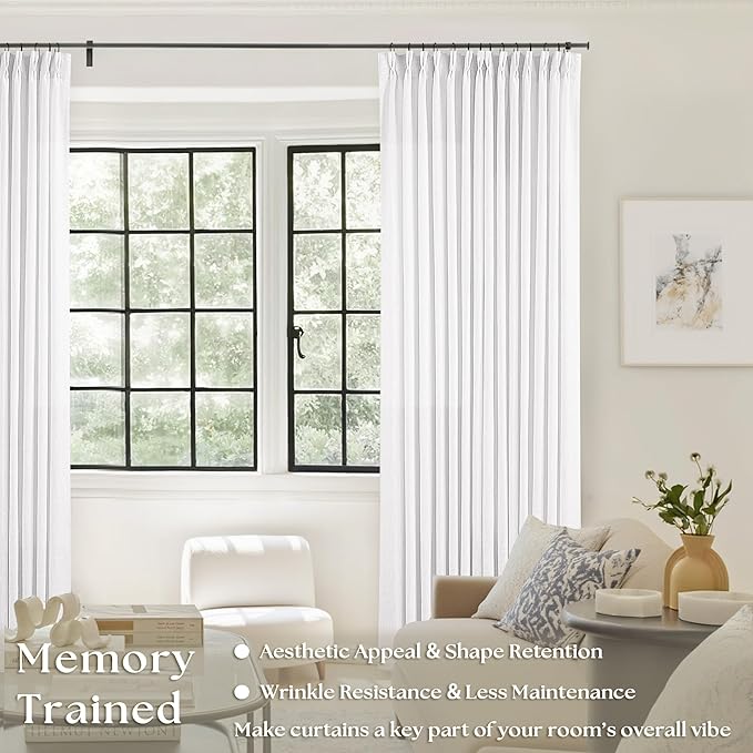 Pinch Pleated Linen Curtains 108 Inches Long 2 Panels Set for Living Room Bedroom Farmhouse Snow White Cotton Linen Blend Back Tab Pinch Pleat Drapes Ceiling Floor Extra Long Window Curtains 9 Ft