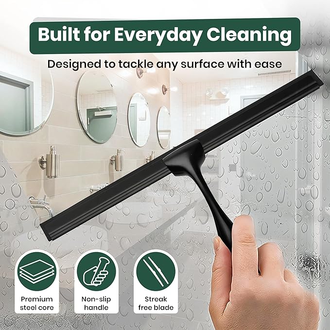 All-Purpose Shower Squeegee with Hook & Screwdriver, Non-Slip Handle, Premium Steel Core, Streak-Free Blade – 11-Inch Glass Cleaner for Shower Doors, Windows, Car Glass & Bathroom