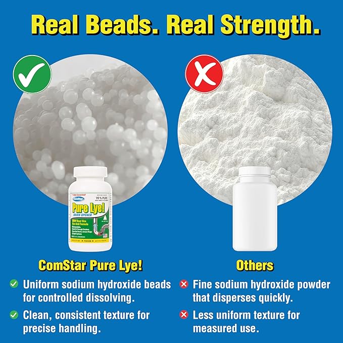 ComStar Pure Lye 400 Pound - Unique Sodium Hydroxide Beads | Drain Opener & Soap Making | Biodegradable, Eco-Friendly (30-502)