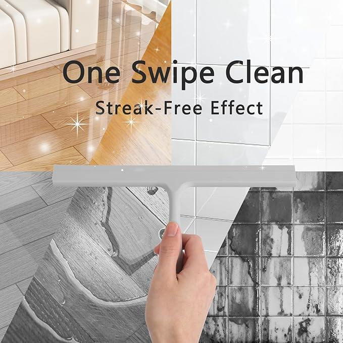Shower Squeegee for Glass Doors, 2-in-1 Silicone Shower Squeegee with Hook,Hang Anywhere | Streak-Free Bathroom Squeegee | Household Window Mirror Squeegee for Bathroom, Glass, Tile Wall, Car | Gray