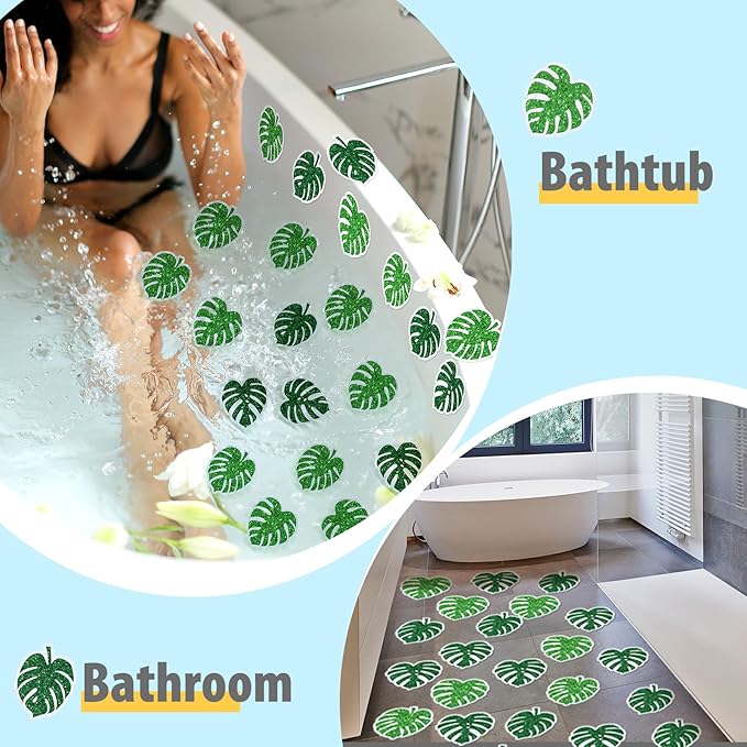 Yaomiao 24 Pcs Palm Leaves Non Slip Bathtub Stickers Shower Stickers Anti Slip Decal Threads Adhesive Appliques with Scraper Adhesive Decals for Safety Bathroom Tubs, Shower Floor, Stairs