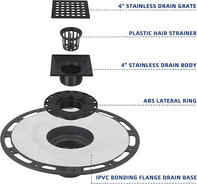 Square Shower Drain, 4-Inch Matte Black Kit with Bonding Flange, Removable Stainless Steel Grate & Hair Strainer, Fits 2" & 3" Pipes for Tiled Floors