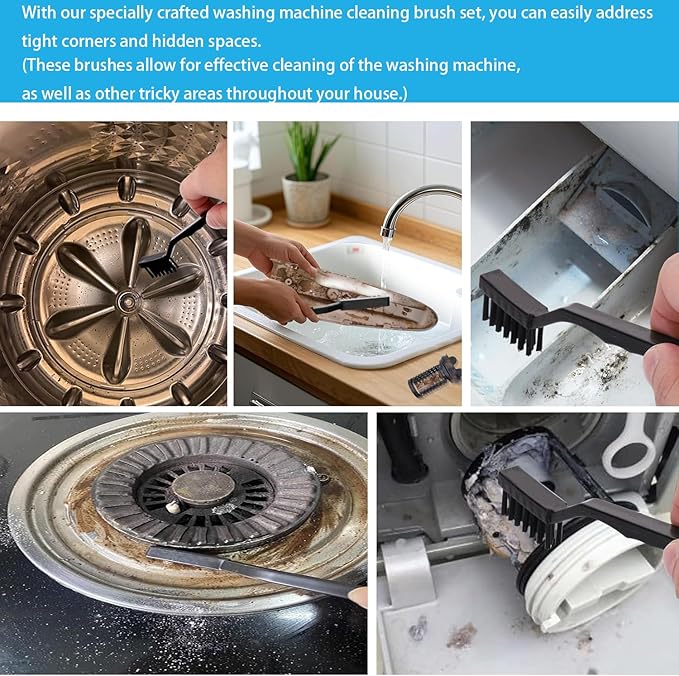 Washing Machine Cleaning Brush Set - 6-Piece Kit with 5 Crevice Cleaners & 1 Drum Brush for Front Load Washer | Nylon Bristle Rubber Seal Scrubber | Tight Space Accessories