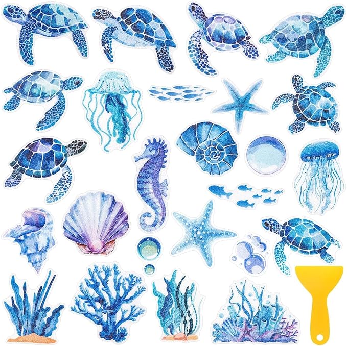 26Pcs Non Slip Bathtub Stickers, Cute Turtle Stickers with Scraper, Sea Creature Anti Slip Bath Tub Shower Decal with Adhesive Back for Bathroom, Shower Stairs