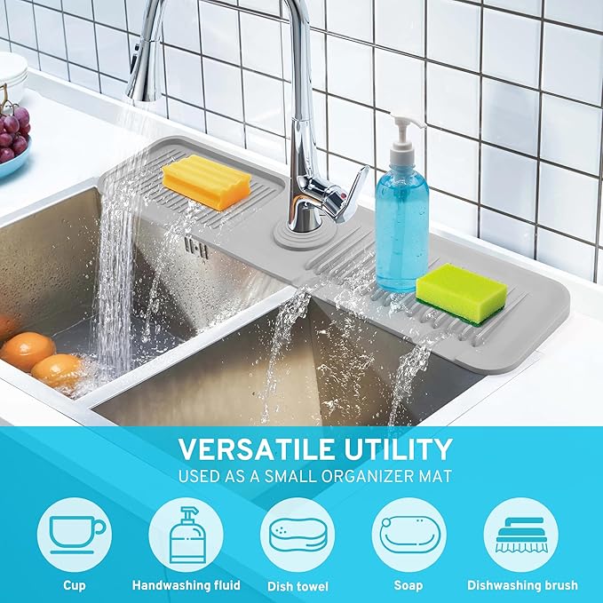 24"Longer Silicone Faucet Mat for Kitchen Sink,5° Slope Faucets Draining Mat Bathroom Sink Splash Guard Mat Kitchen Sink Splash Guard Accessories(Grey 24.0" x 5.5"）