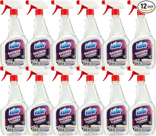 Valor Shower Cleaner Spray – Soap Scum & Hard Water Stain Cleaning Solution for Bathroom, Tub & Tile, (32 Fl Oz (Pack of 12))