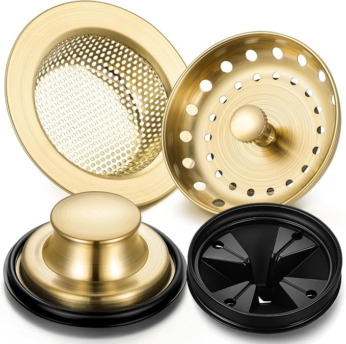 4 Pcs Light Gold Kitchen Sink Accessories Garbage Disposal Splash Guards 3.4'' Sink Drain Strainer and Stopper Stainless Steel Garbage Disposal Plug for Kitchen Drain Strainer