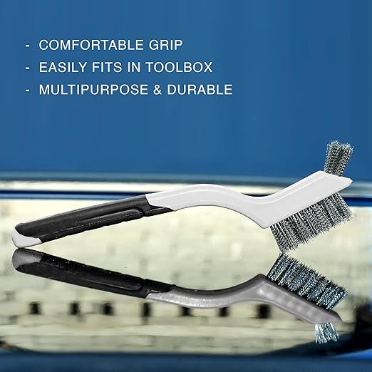Wire Brush Set 3Pcs - Nylon/Brass/Stainless Steel Bristles with Curved Handle Grip for Rust, Dirt & Paint Scrubbing with Deep Cleaning – 7 Inches (Grey)