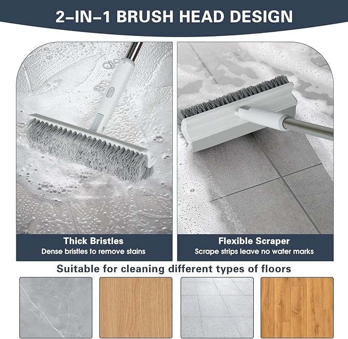 4 in 1 Disposable Dust Mop with Squeegee & Floor Scrub Brush with Long Handle, 2 Shiny Towels Wipes Cleaning Cloths, 2 Crevice Brush, Snap Grip Mini Mop for Windows Car Glass Floor Shower Bathroom