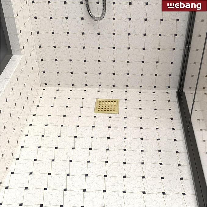 WEBANG 4 Inch Square Shower Floor Drain with Flange,Quadrato Pattern Grate Removable,Food-Grade SUS 304 Stainless Steel,Watermark&CUPC Certified, Brushed Gold