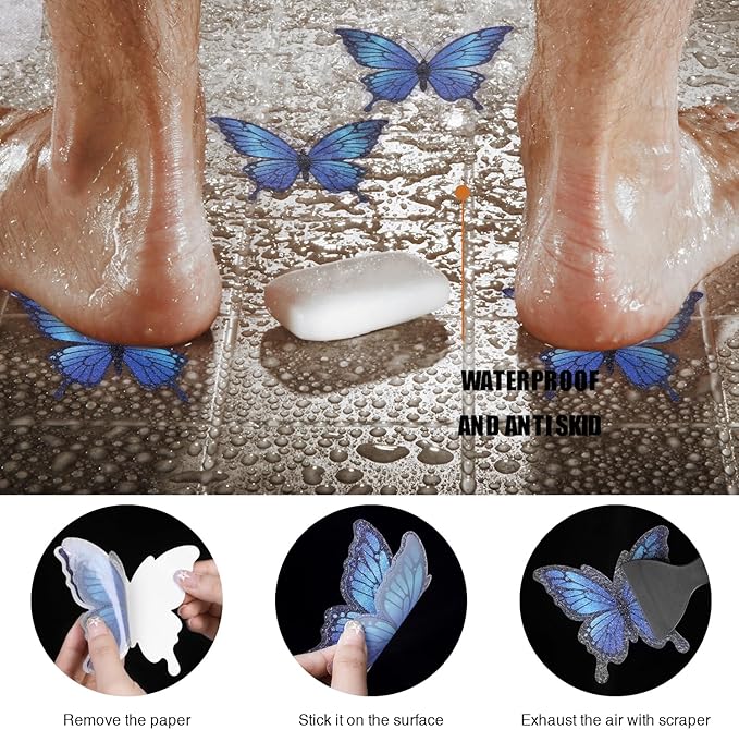 20 PCS Non Slip Bathtub Stickers, Adhesive Butterfly Anti Slip Decal Treads for Shower and Bath Tub with Premium Scraper (Blue)