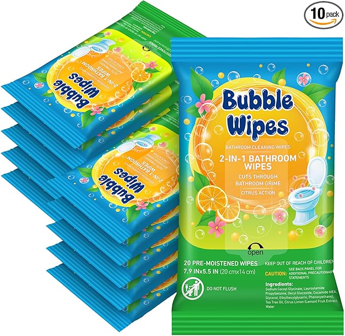 10 Pack Bathroom Cleaning Wipes 200 Count Citrus Scented 2-in-1 Bubble Wipes Cleaner for Bathroom Toilet, Sink, Tile & Shower -Reusable Sealable Pouch, No Scrubbing Needed