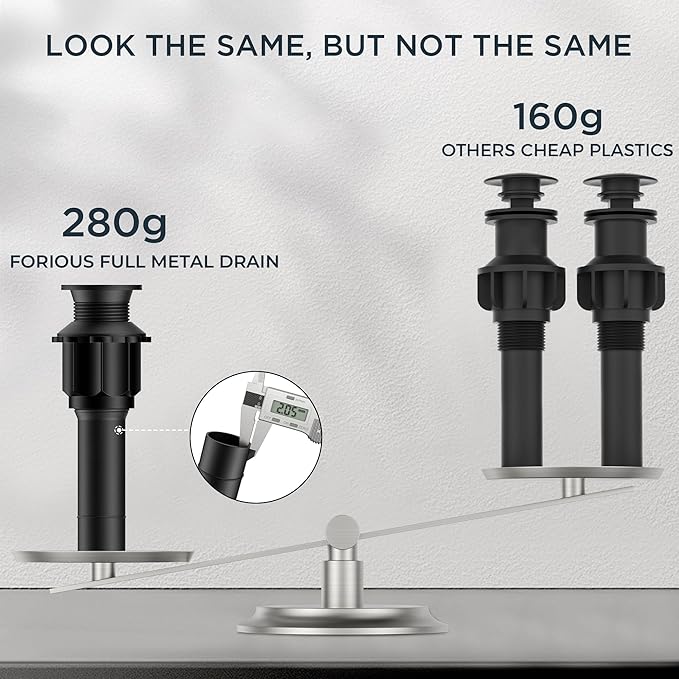 FORIOUS Bathroom Sink Drain Without Overflow, Pop-up Drain Assembly with Detachable Basket Stopper, Anti-Explosion and Anti-Clogging Drain Strainer, 304 Stainless Steel, Matte Black