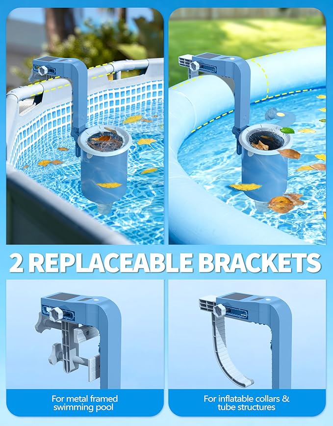 BluSwim Above Ground Pool Skimmer with Solar Digital Thermometer | Wall Mount Surface Skimmer - Auto Skimming Pool Floating Debris | 2 Upgraded Bracket - Stable&Height Adjustable-Steel Blue