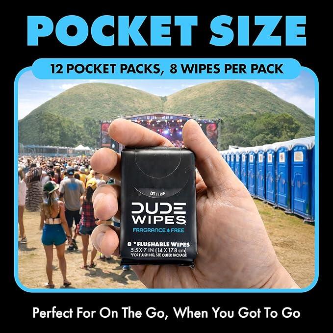 DUDE Wipes Unscented Pocket Packs - Travel Wipes - 12 Packs of 8 (96 Count) - On-The-Go Adult Flushable Wipes for Sensitive Skin - Infused with Vitamin E and Aloe - Septic and Sewer Safe