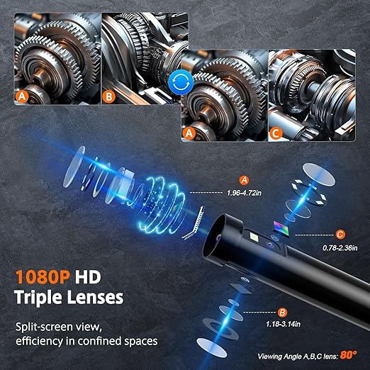 Triple Lens Sewer Inspection Camera, TURN RAISE 5" IPS Screen Borescope Cam with Light, 1080P HD Drain Camera 16.5FT Semi-Rigid Cable, IP67 Plumbing Snake Endoscope with Carry Case
