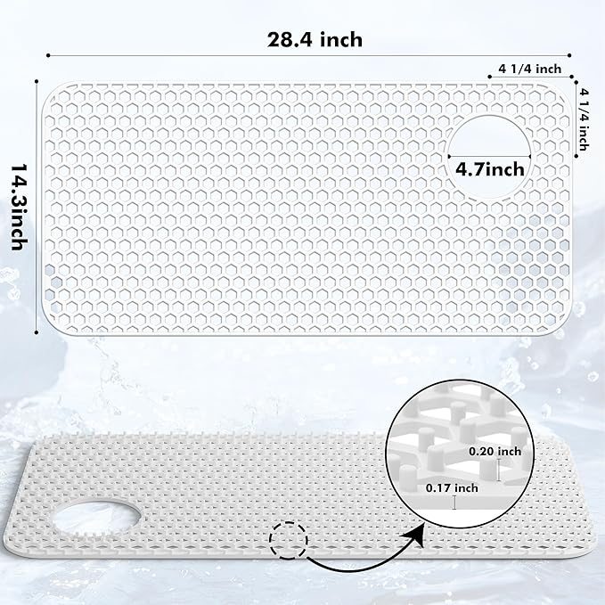 Silicone Sink Protectors for Kitchen Sink - 28.4"x 14.3" Kitchen Protector Accessory, Non-Slip Heat Resistant Mat for Bottom of Farmhouse Porcelain Stainless Steel(Top Right Drain Hole,White)