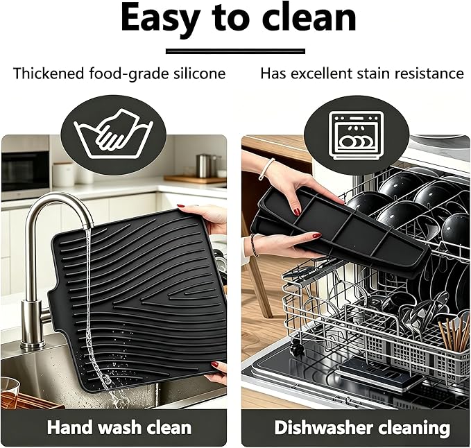 Silicone Dish Drying Mat,Dish Drying Pad,kitchen accessories,with Built-In and Non-Slip Drain,easy Clean, fit for kitchen, Bar, RV, Refrigerator and Drawer Liner, 15.7 * 13 in Black 1PCS by EBIGIC