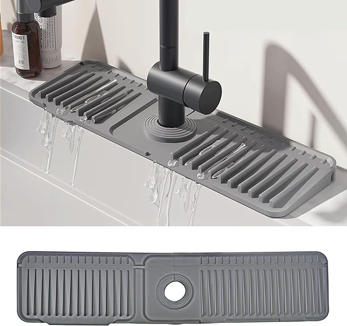 STARGAZ Silicone Faucet Mat for Kitchen Sink,Faucet Draining Mat,Sink Back Splash Guard,Kitchen Rubber Mat,Bathroom Sink Faucet Mat,Soap Dish,Silicone Sink Protector(Grey, 24”×5.5”)