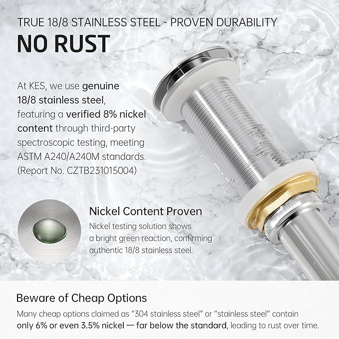 KES Polished Chrome Bathroom Sink Drain with Extended Thread, All Metal Pop Up Drain Stopper without Overflow for Thicker Vessel Sinks and Countertops, Brass and Stainless Steel, S2022D-CH