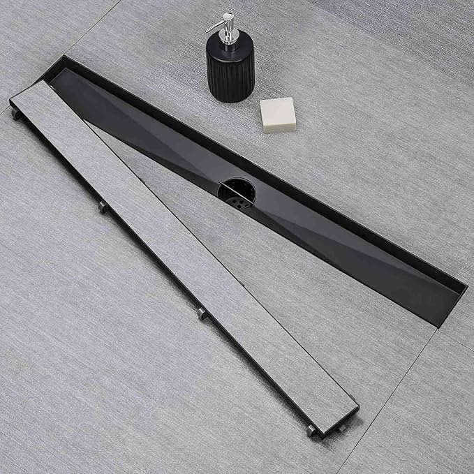SaniteModar Linear Shower Drain, Black Shower Drain 30 inch with Flat and Tile Insert 2 in 1 Panel, 304 Stainless Steel Black Linear Shower Drain with Hair Strainer and Leveling feet