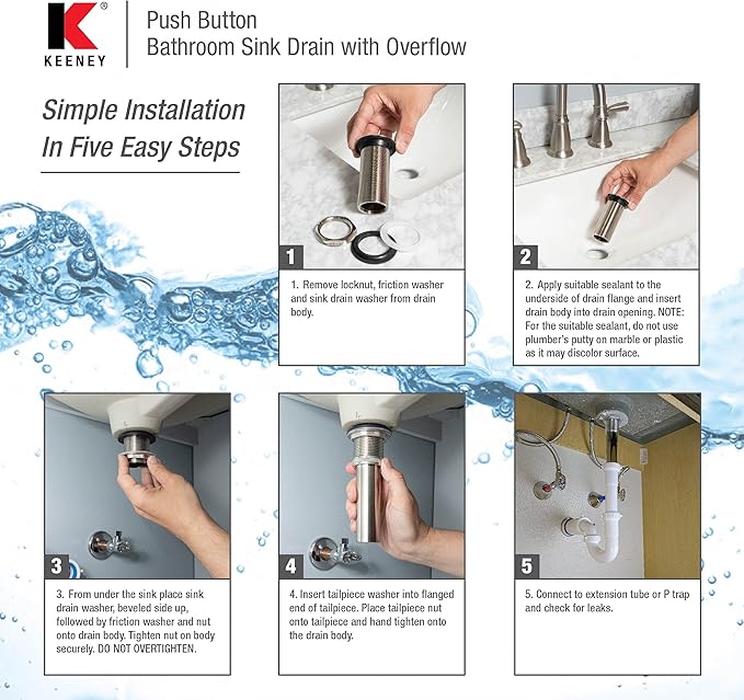 Keeney Universal Button Bathroom Sink Drain with Overflow, Brushed Nickel