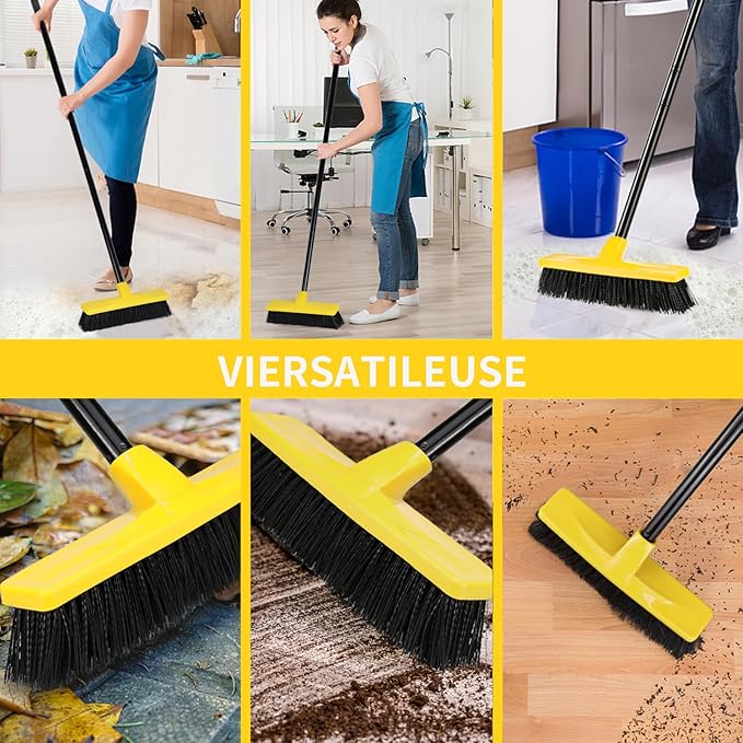 Push Broom Outdoor Indoor Broom 12" Wide,50" Long Handle with Stiff Bristles for Cleaning Scrubbing Deck Driveway Yard Patio Wood Stone Tile Floor